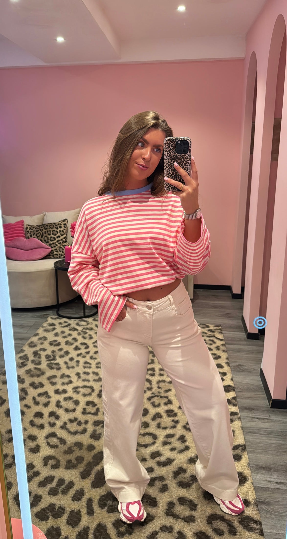 Streep Longsleeve Roze/Off white