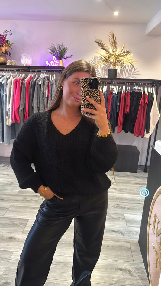 Knitted V Hals Trui Zwart