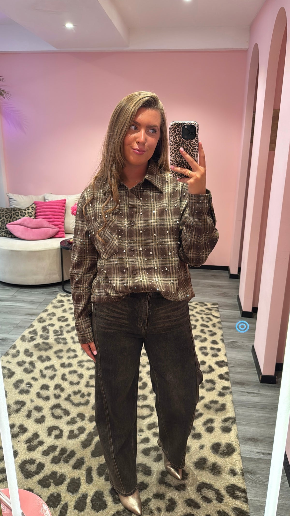 Flannel Sparkle Strass Blouse Bruin 3915