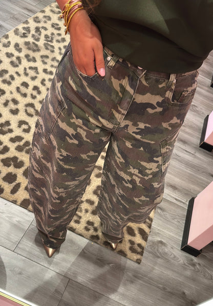 Queen Hearts Barrel Jeans Strass Camouflage
