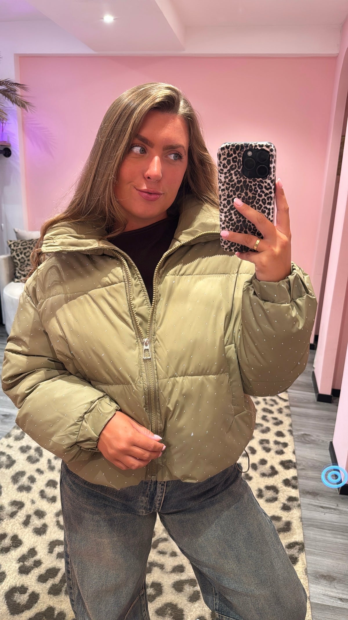 Strass Puffer Jacket Olive Groen
