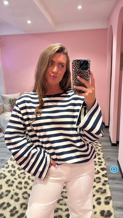 Streep Top Met Schoudervulling Navy/Wit