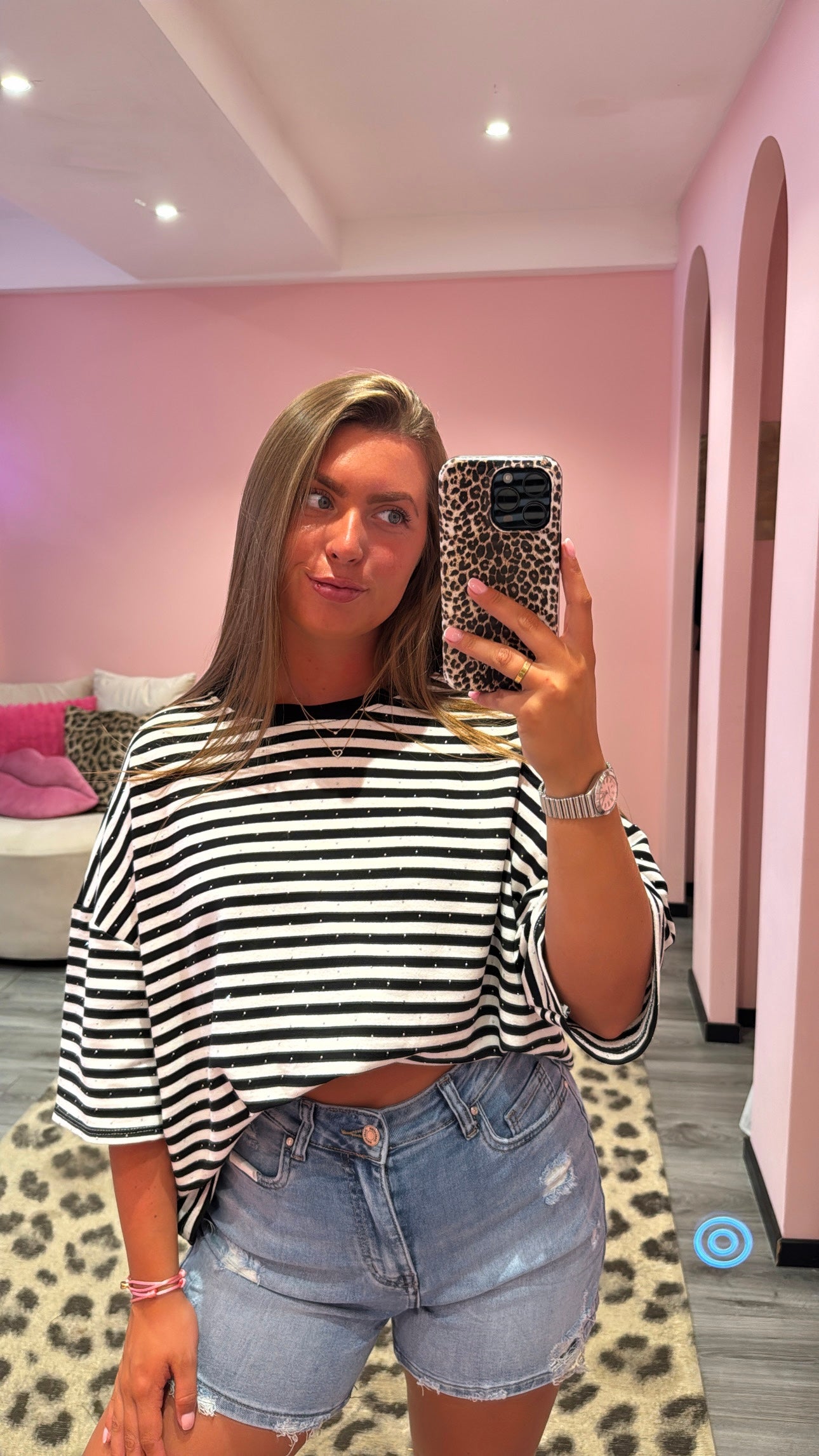 Striped Strass T-Shirt Zwart/Wit