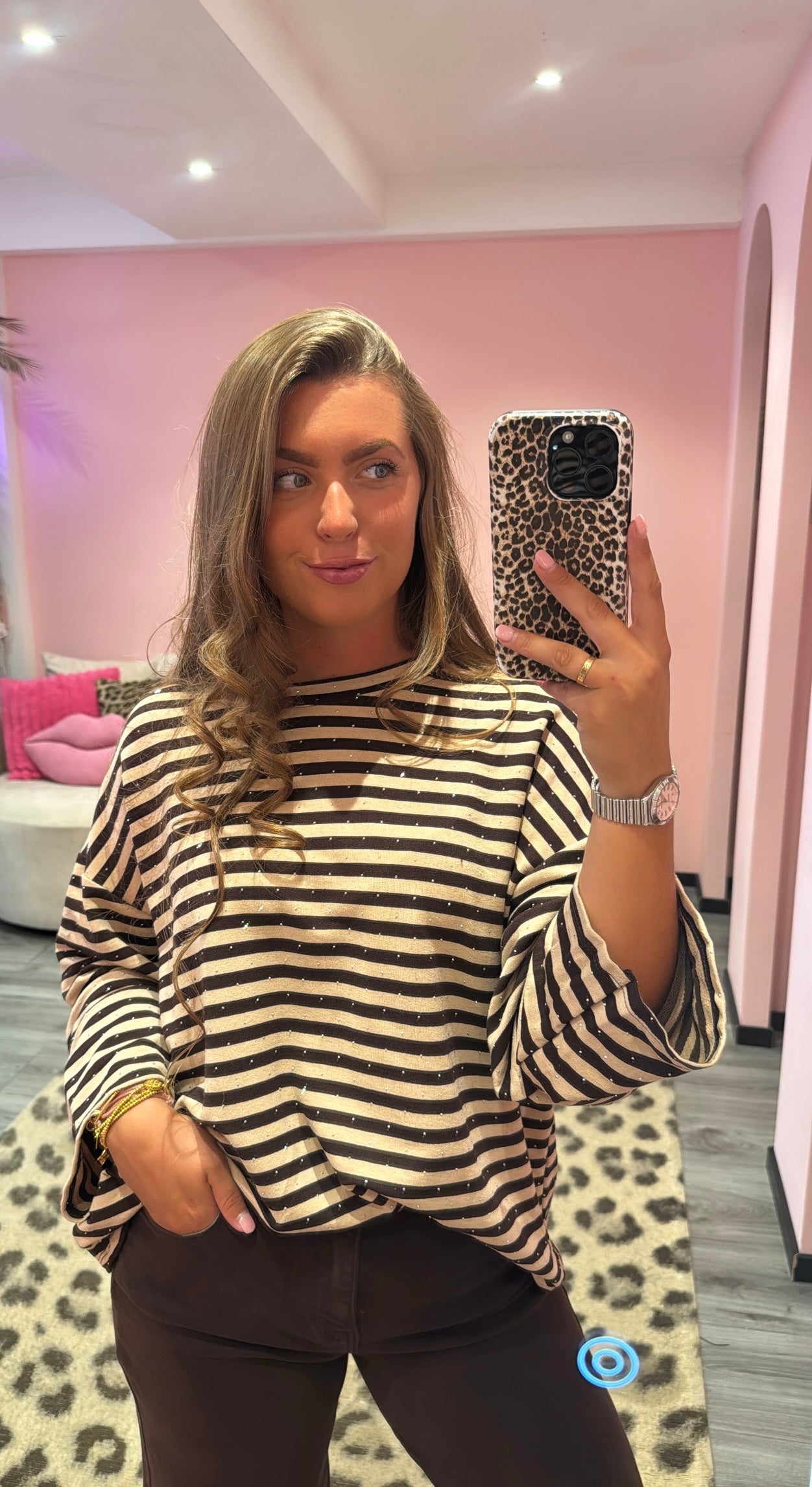 Striped Strass Longsleeve Beige/Bruin