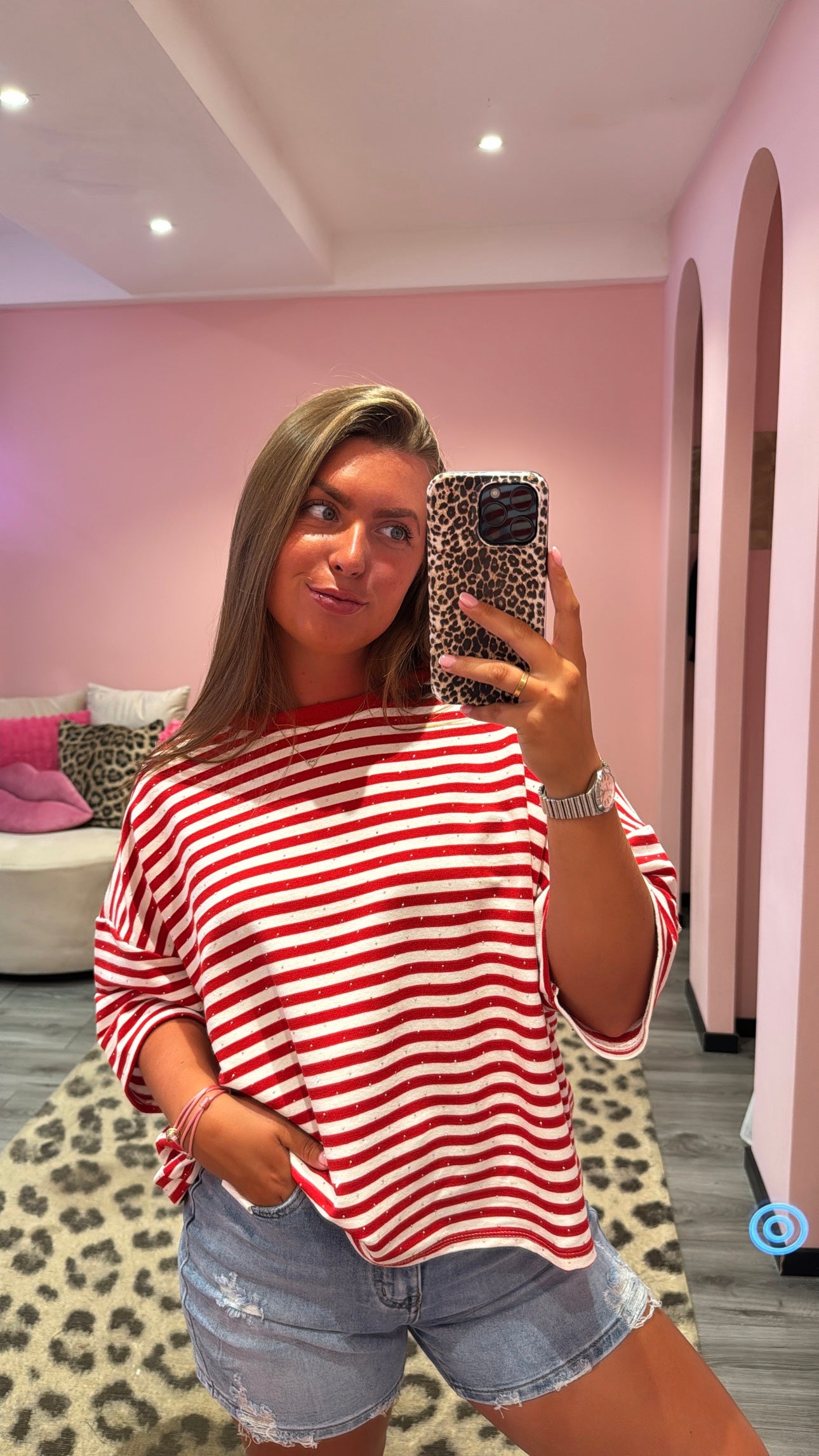 Striped Strass T-Shirt Rood/Wit