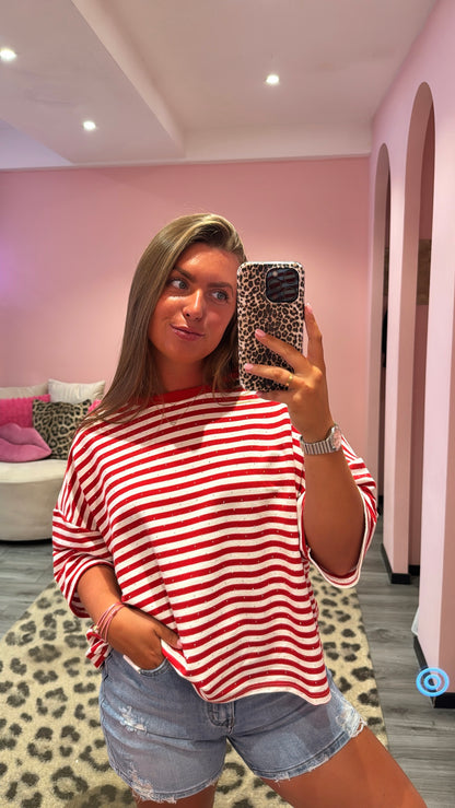 Striped Strass T-Shirt Rood/Wit
