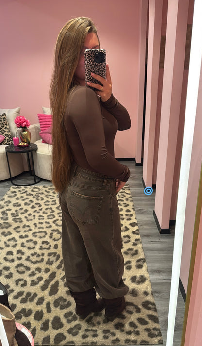 Queen Hearts Barrel Jeans Mid Waist 3717-15 Donker Bruin