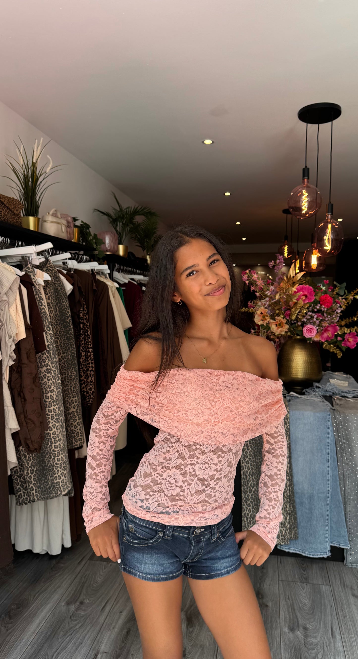 Luna Off Shoulder Lace Top Peach ByMila