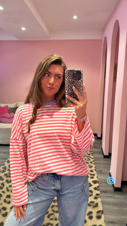 Streep Longsleeve Roze/Off white