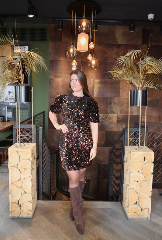 Velvet Paillet Jurkje Goud/Zwart