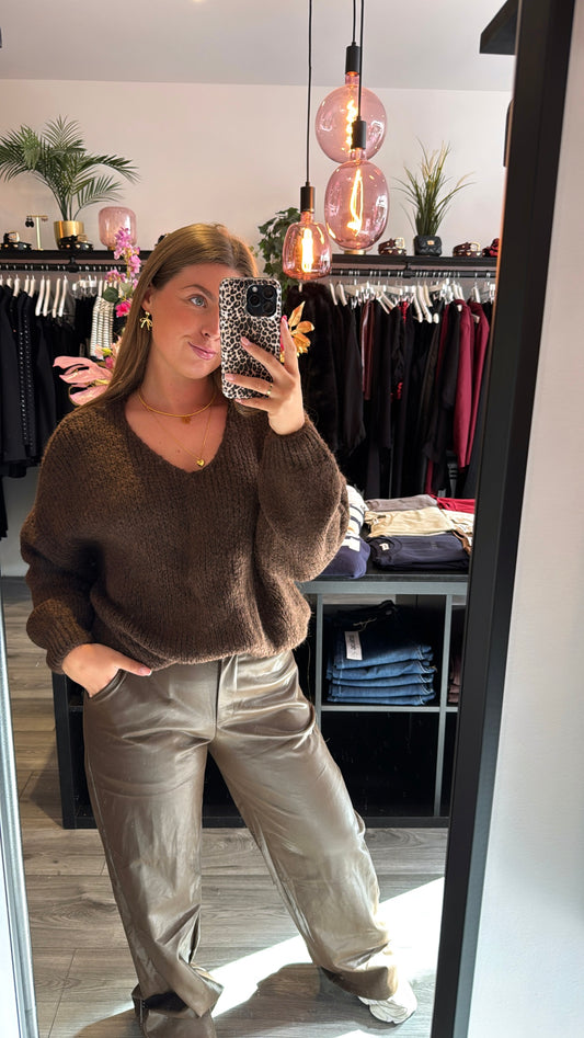 Knitted V Hals Trui Bruin