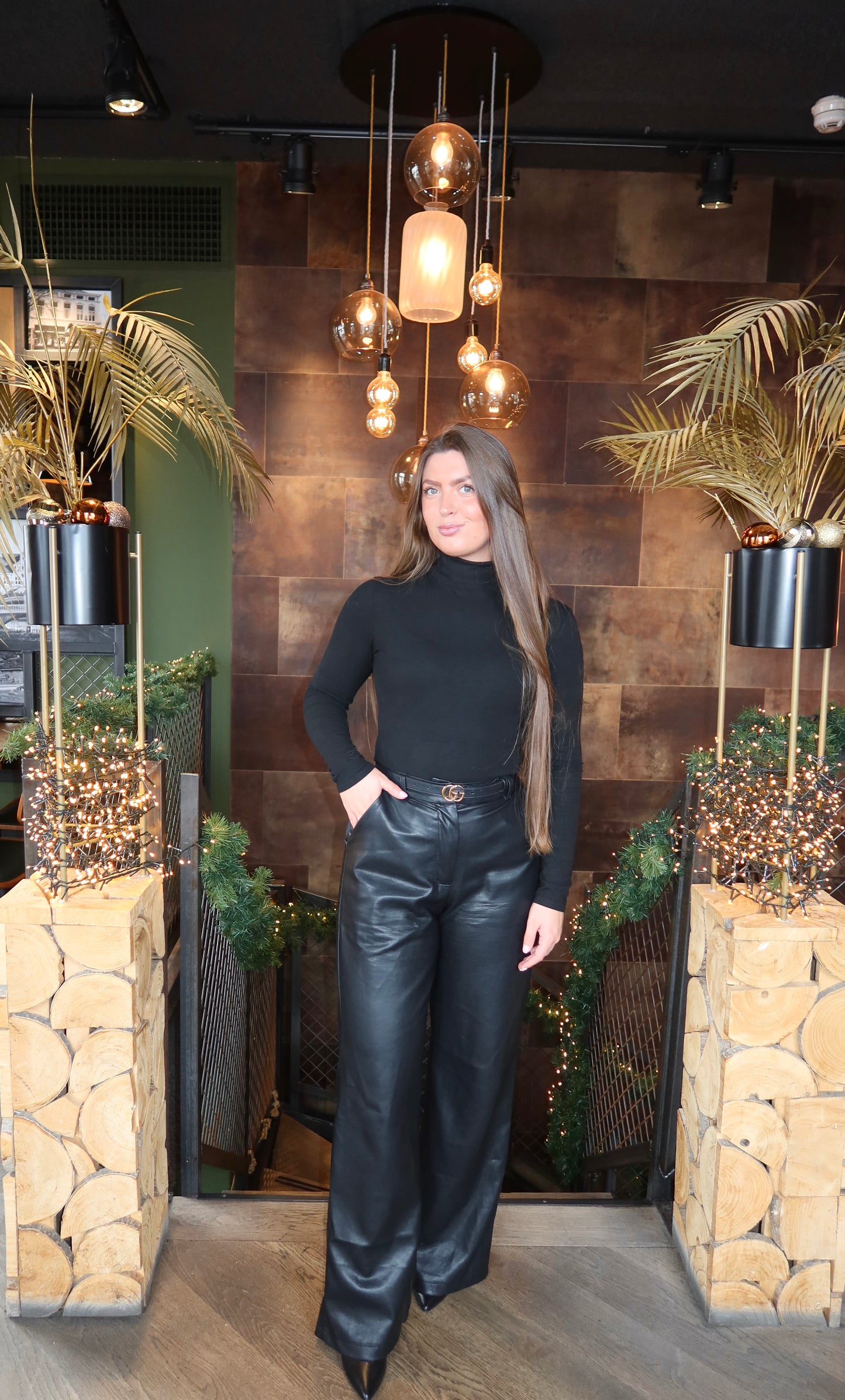Leatherlook Wide Leg Pants Zwart