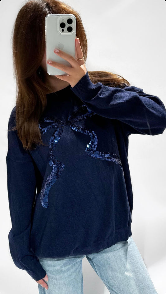 Sequin Bow Sweater Navy