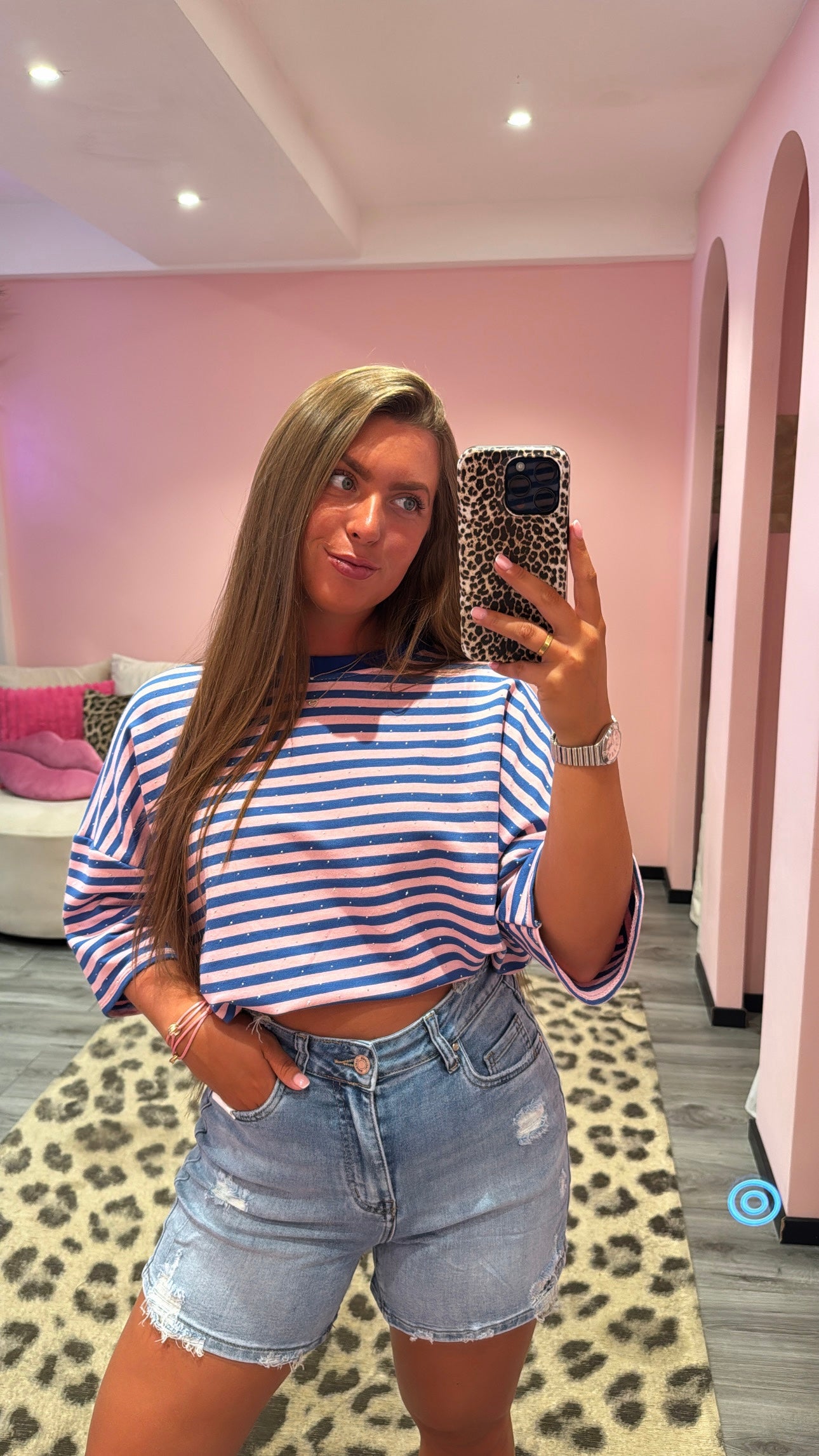 Striped Strass T-Shirt Kobalt/Roze