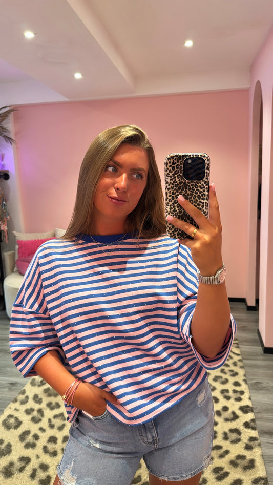 Striped Strass T-Shirt Kobalt/Roze