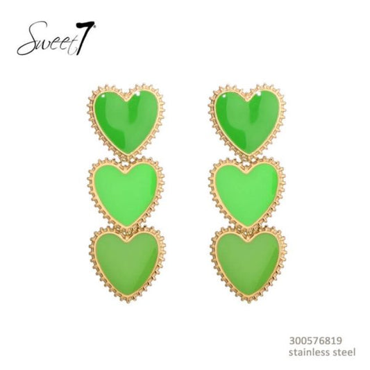 Earrings 3 Hearts Green