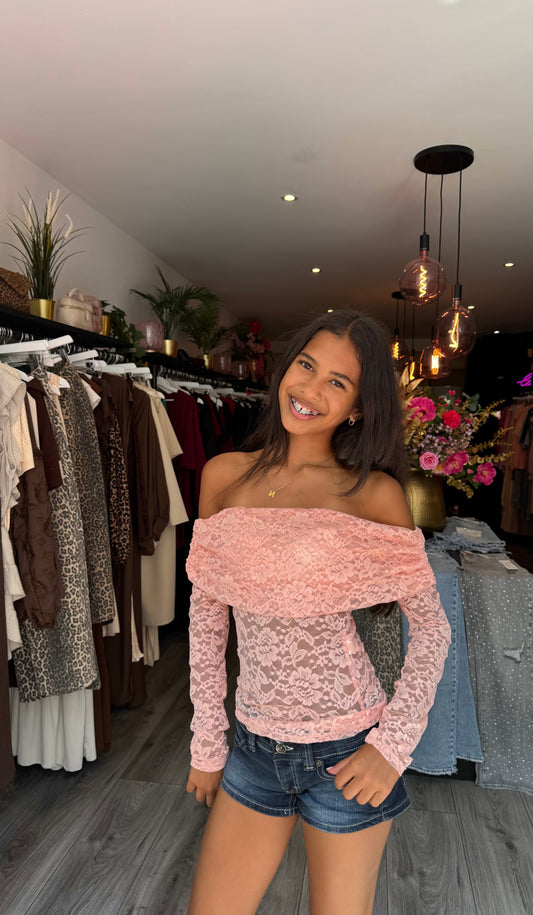 Luna Off Shoulder Lace Top Peach ByMila