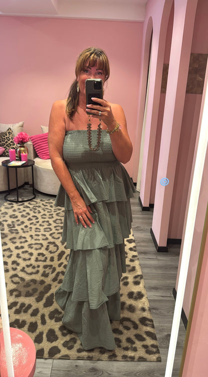 Fiore Ruffle Maxi Jurk Army