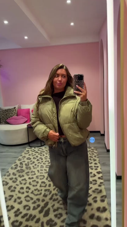 Strass Puffer Jacket Olive Groen
