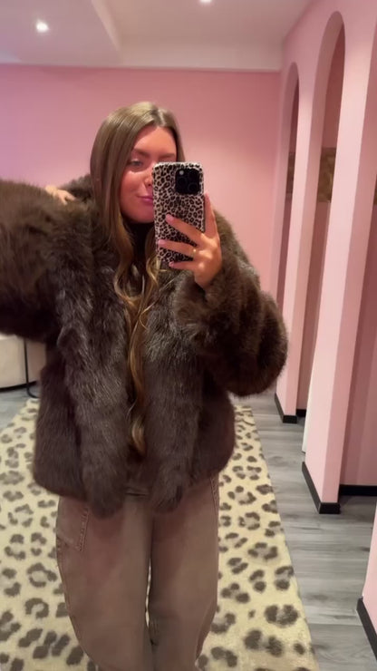 Milano Faux Fur Jacket Brown Capuchon