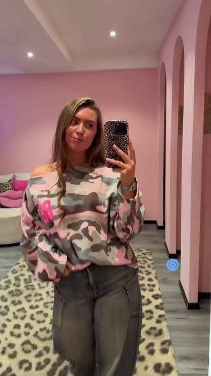 Camouflage Off Shoulder Sweater Roze 514-1
