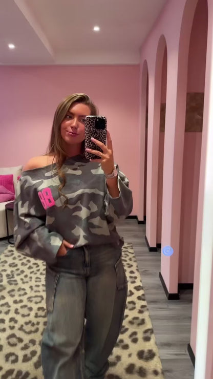 Camouflage Off Shoulder Sweater Groen 514-1