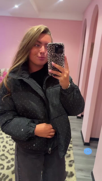Strass Puffer Jacket Zwart
